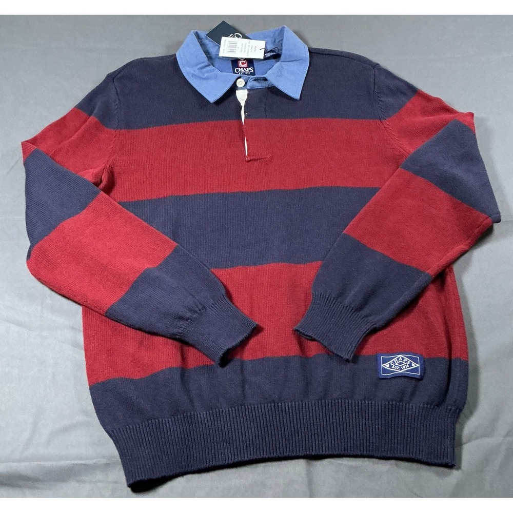 Chaps Mens Striped Rugby Sweater Navy Red Cotton Knit Long Sleeve NWT Size M